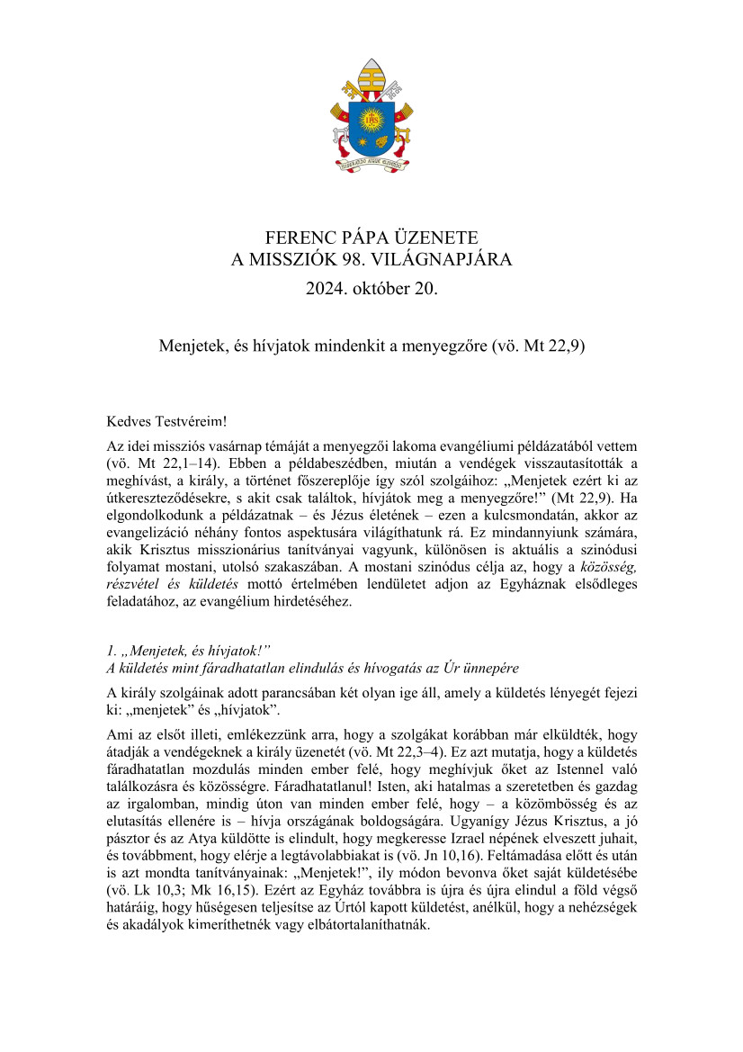 Missziók 98. világnapjára - Ferenc pápa üzenete