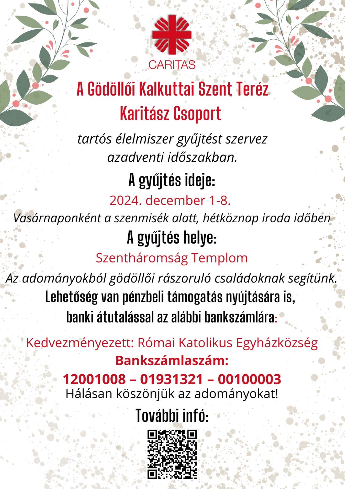 Adventi tartósélelmiszer gyűjtés - Kalkuttai Szent Teréz Karitász csoport