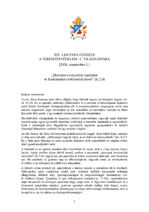 XIV. Leó pápa üzenete a teremtésvédelem 11. világnapjára (2026. szeptember 1.)