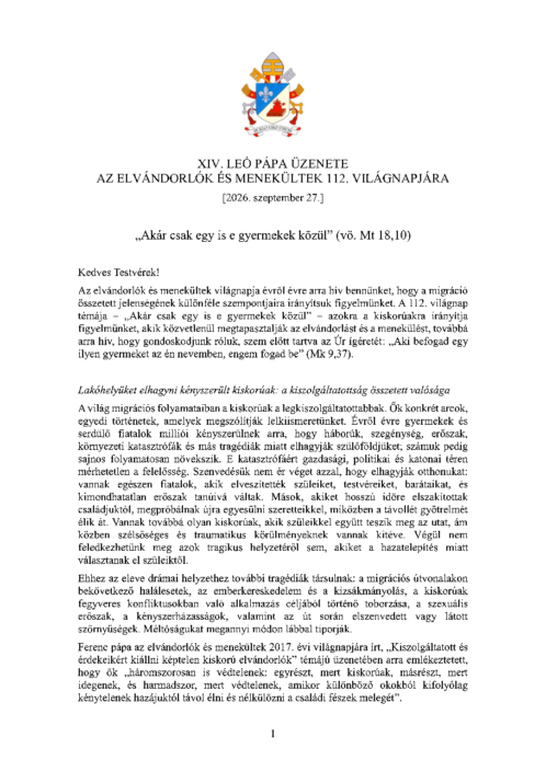 2026 – AZ ELVÁNDORLÓK ÉS MENEKÜLTEK 112. VILÁGNAPJÁRA
